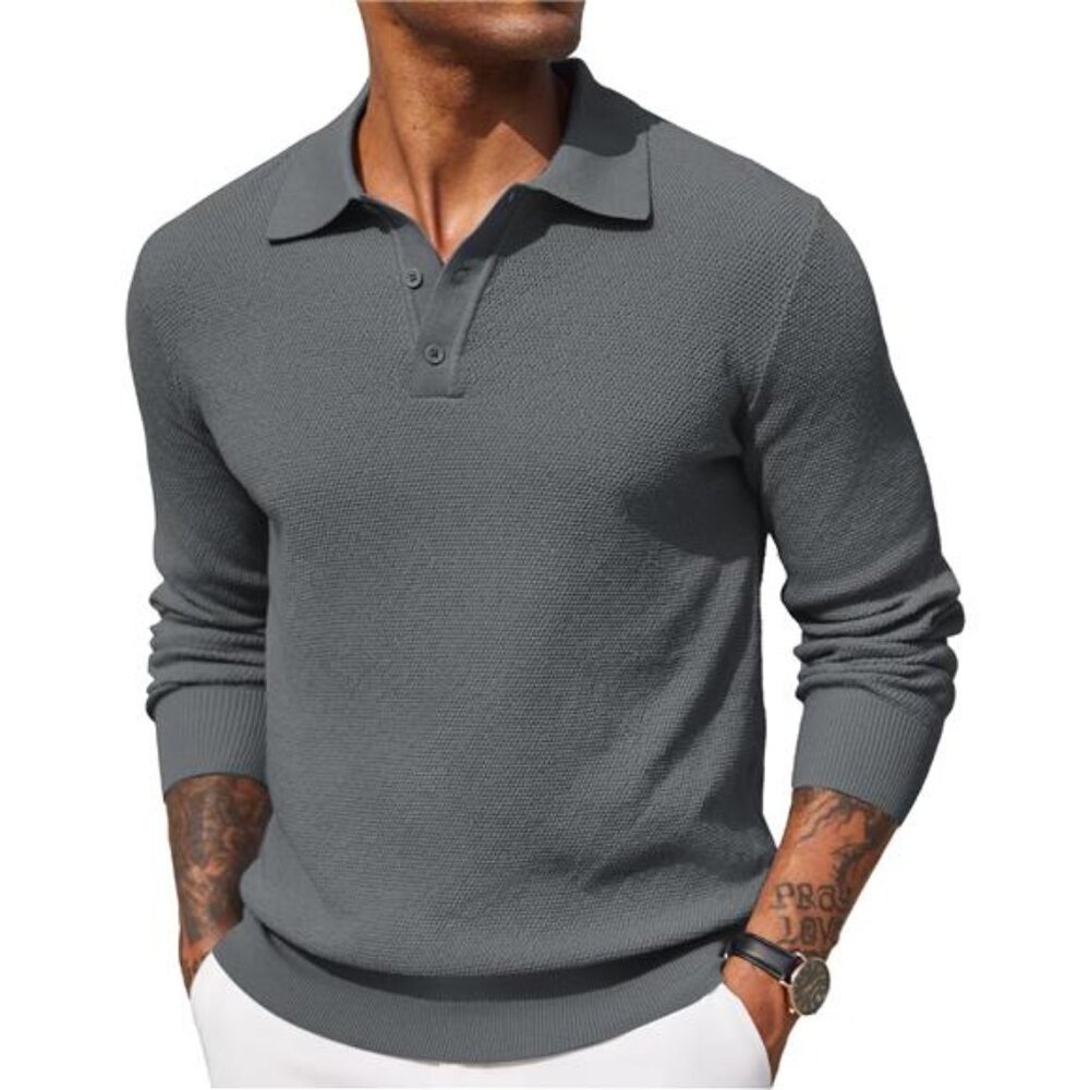 Mens Knit Polo Shirt Long Sleeve Casual Plain Waffle Textured‎ Collared Sweater